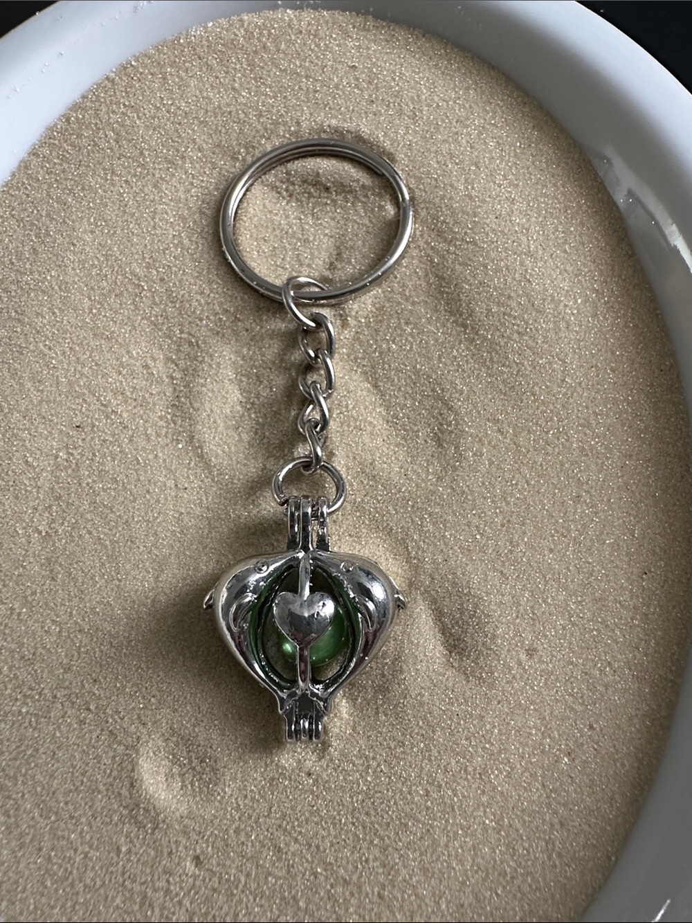 Silver toned Freshwater Pearl Heart Cage Keychain